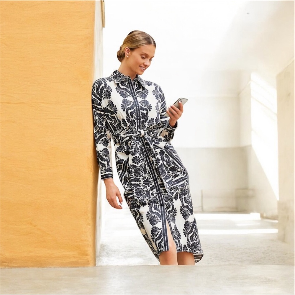 🤍🖤ANTONIO MELANI  Black & White Floral Shirt Dress with Tie Waist size 0